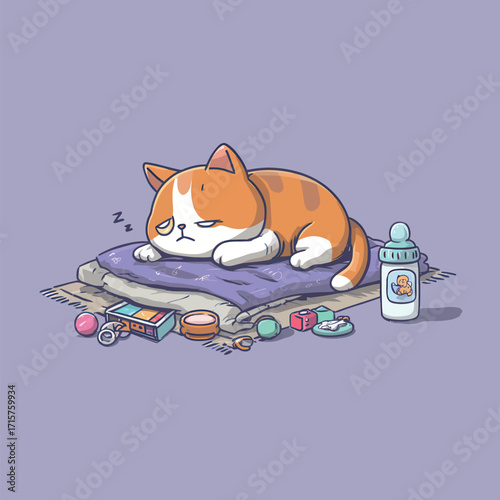 A sleepy cat rests on a soft blanket, surrounded by colorful toys and a bottle. The scene is cozy and playful, highlighting the cats peaceful moment.
