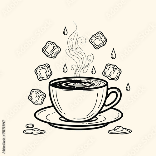 Hand drawn sketch of a steaming coffee cup with falling ice cubes.