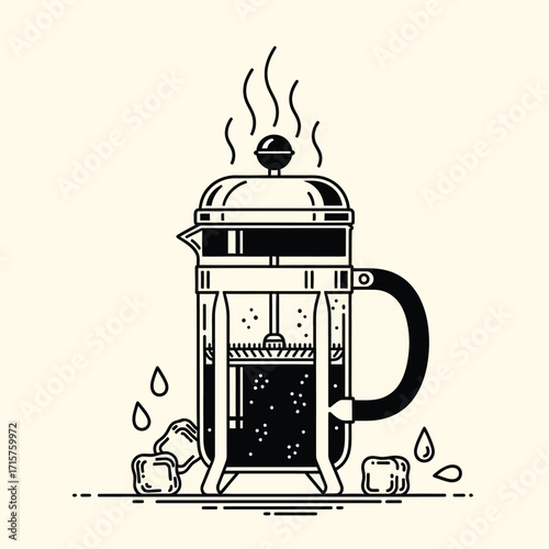 French press coffee maker with ice cubes.