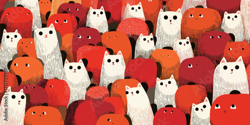 A lively group of cats, mostly white with unique markings, is harmoniously mixed with red shapes. The scene captures a playful atmosphere, ideal for cat lovers.
