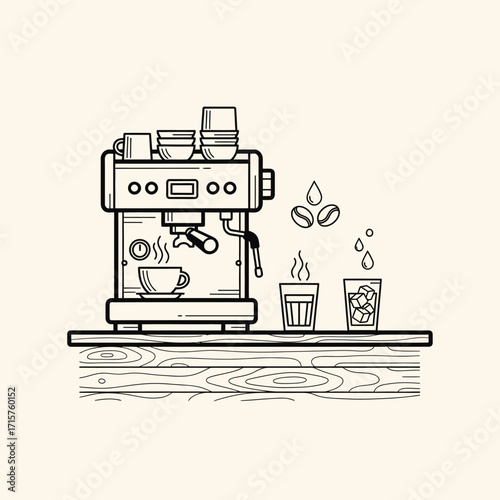 Espresso Machine Line Art Illustration with Hot and Iced Coffee.