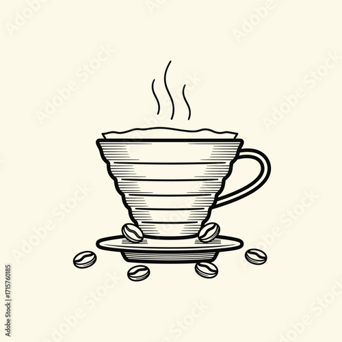 Elegant Coffee Pour Over Illustration with Steaming Coffee and Scattered Beans.
