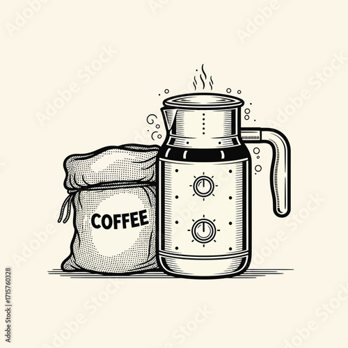 Coffee Maker and Coffee Bag Illustration.