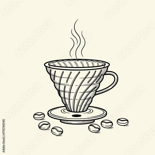 Hand Drawn Pour Over Coffee Maker with Steaming Coffee and Beans.