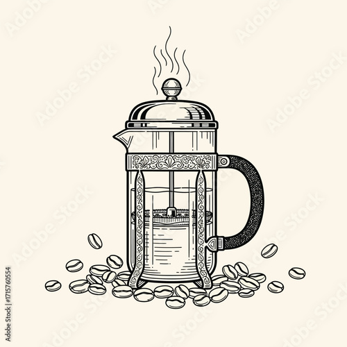 French press coffee maker detailed illustration.