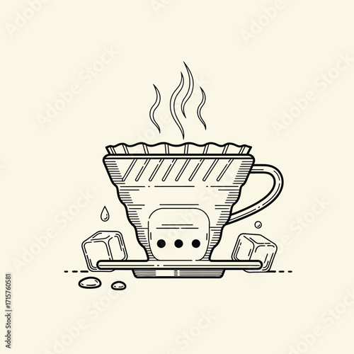 Steaming pour over coffee maker with ice cubes and coffee beans.
