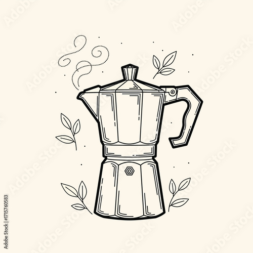 Detailed illustration of a classic Italian stovetop espresso coffee maker.