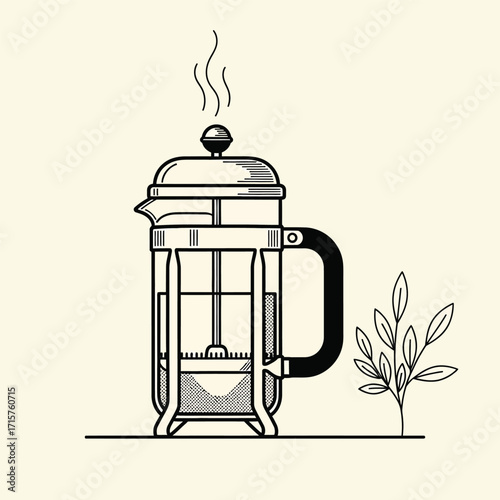 Steaming French Press Coffee Maker with Freshly Brewed Beverage.