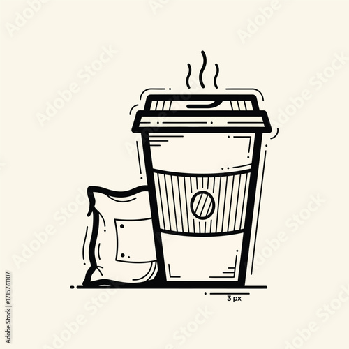 Steaming Coffee Cup and Coffee Bean Bag Line Art Illustration.