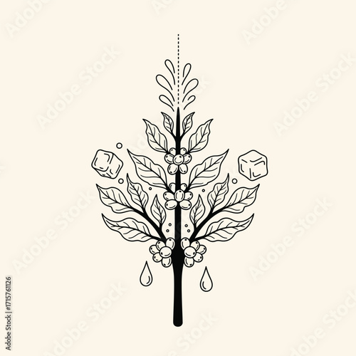 Detailed coffee plant illustration with ice cubes and water drops design.