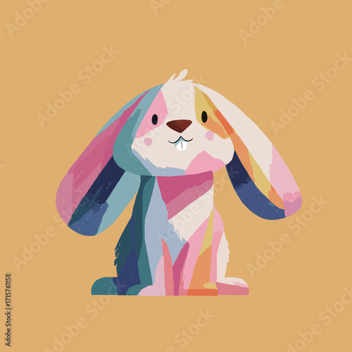 A cheerful cartoon bunny with vibrant, multi-colored fur sits upright on a smooth yellow backdrop. Its cute expression and floppy ears make it an endearing character.