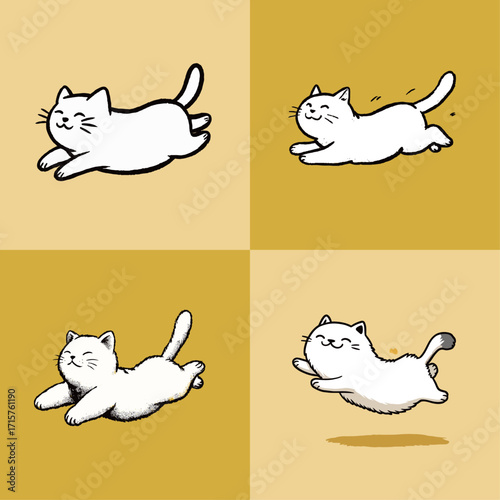 Four scenes show a playful white cat joyfully running across a bright yellow background, showcasing its energy and liveliness as it leaps and bounds.