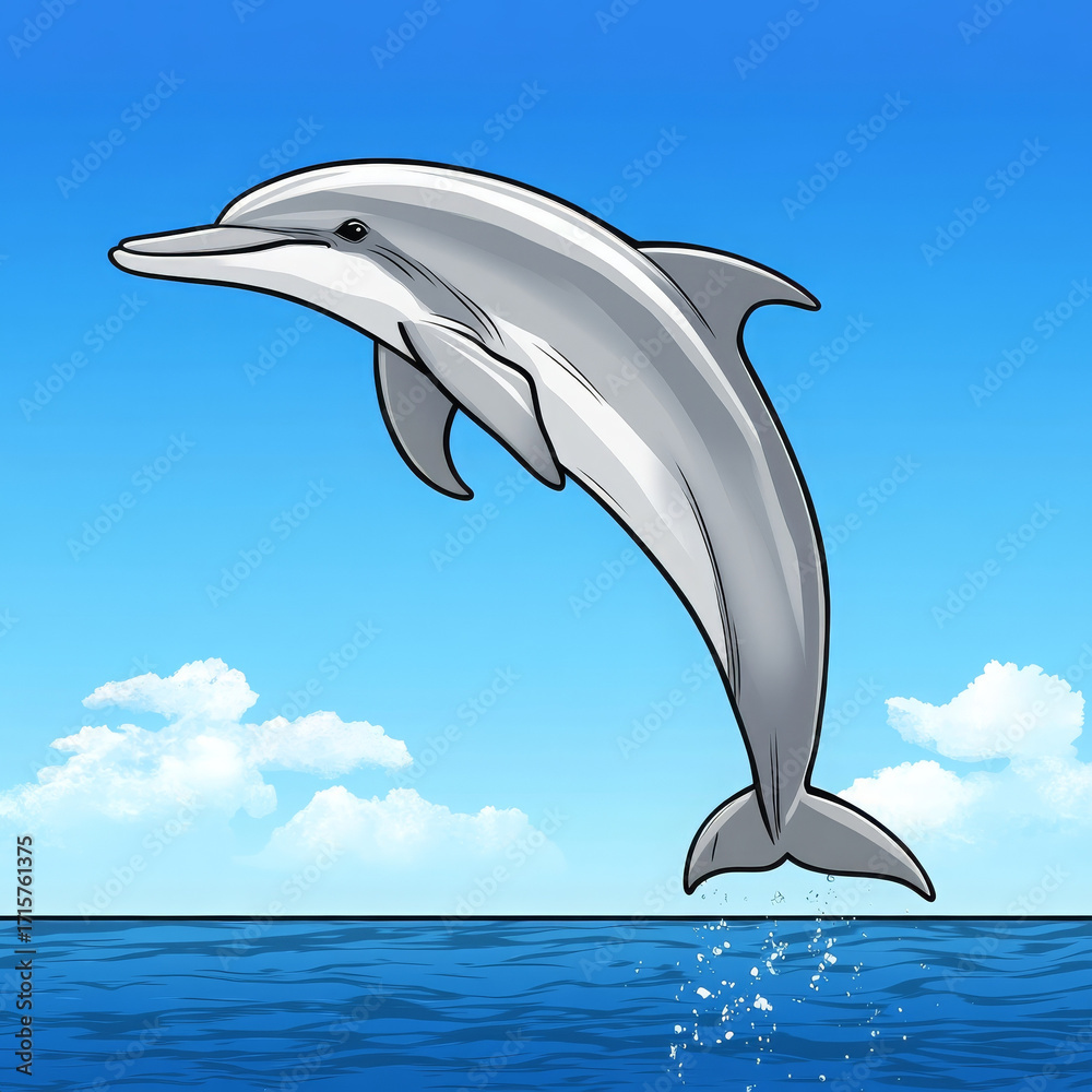 Fototapeta premium Dolphin, ocean, sky, jumping, cartoon, playful dolphin leaps above blue ocean with clouds