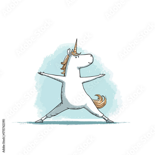 A cheerful cartoon unicorn stands in a yoga pose with arms spread wide, showcasing a playful spirit. The light blue background adds a calm touch to the scene.