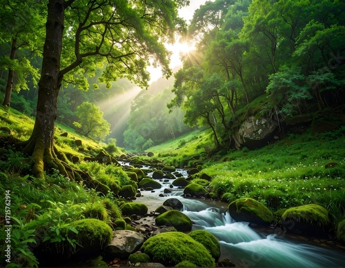 Lush forest stream in morning light