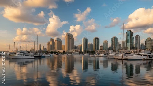 Wallpaper Mural Serene time-lapse of a vibrant city skyline reflecting on calm waters, showcasing modern architecture under a beautiful sky with fluffy clouds. Torontodigital.ca