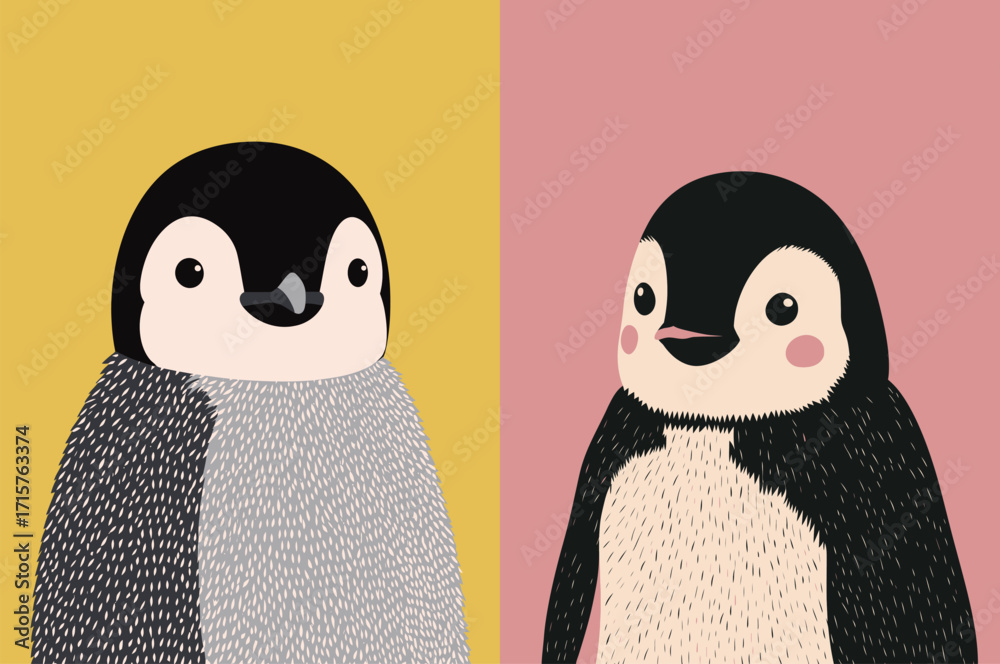 Fototapeta premium Two cartoon penguins stand side by side against vibrant backgrounds. One has a textured chest, while the other has rosy cheeks. Their expressions are joyful and charming.