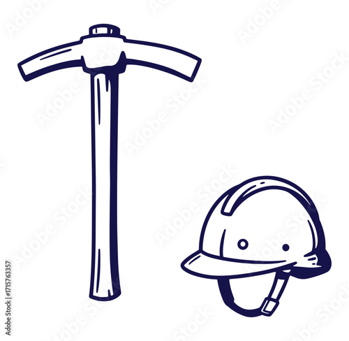 Vector illustration of a pickaxe and a safety helmet for construction and mining
