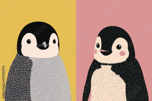 Two cartoon penguins stand side by side against vibrant backgrounds. One has a textured chest, while the other has rosy cheeks. Their expressions are joyful and charming.