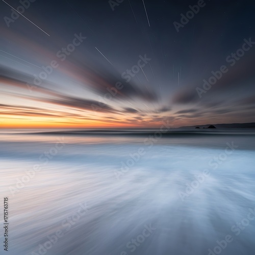 A tranquil coastal scene at sunset, featuring a dreamy, soft-focus effect on the waves and a dynamic sky filled with star trails, creating a serene and captivating image.