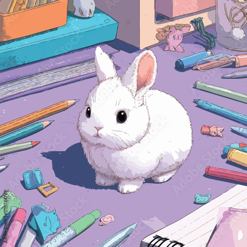 A fluffy white rabbit sits on a vivid purple desk, surrounded by various art supplies like markers, pencils, and erasers. Sunlight brightens the scene.