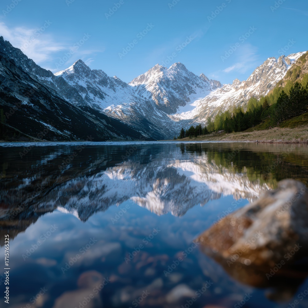 Naklejka premium lake surrounded by snow-capped peaks, reflection of mountains in water