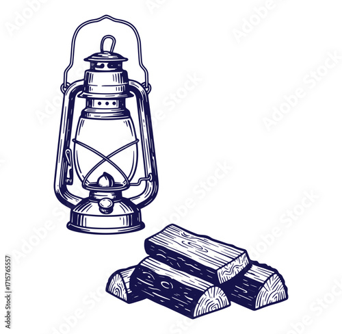 Vintage hand drawn illustration of kerosene lantern and stacked firewood on white background