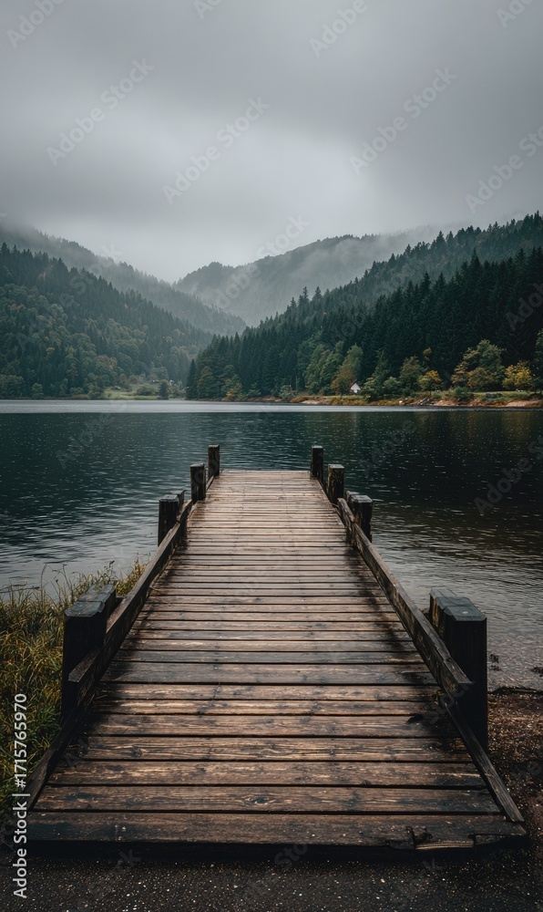 Naklejka premium A weathered wooden dock extends into a calm lake, nestled amidst misty, verdant hills under a brooding grey sky. The scene evokes serenity and quiet contemplation