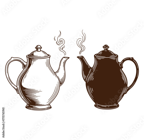 Vintage illustration of two teapots with steam in engraving or woodcut style