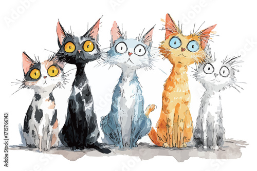 Five different cats with unique colors and expressions gather together. Each cat displays a playful attitude, creating a lively scene of joy.