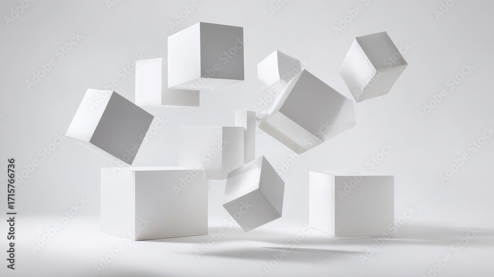 Obraz premium Abstract White Cubes Floating in Space - Minimalist Design Concept.