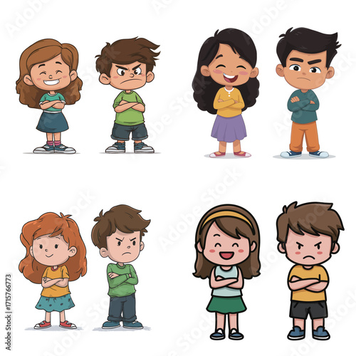 Six children with various expressions and stances, depicting feelings like happiness, anger, and confidence. They are grouped in pairs.