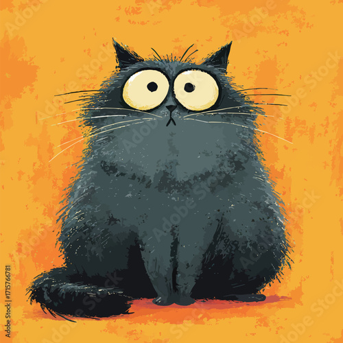 A fluffy black cat sits upright, staring curiously with large, round eyes. The background is a vivid orange, enhancing the cats striking appearance and expression.