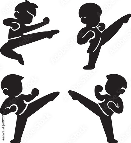 4 martial arts action pose silhouettes, karate and kung fu kicks, vector