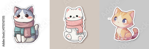 Three adorable cartoon cats sit together, each wearing colorful scarves. The gray cat looks cheerful, the white cat appears gentle, and the orange cat has bright eyes.