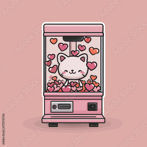 A claw machine features an adorable cat plush surrounded by vibrant hearts. This charming scene captures a playful moment in a joyful setting.