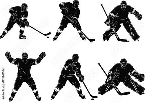 Ice hockey players silhouettes set, action poses, skating, shooting, goalkeeping, celebrating, team sport illustrations, hockey game moments.