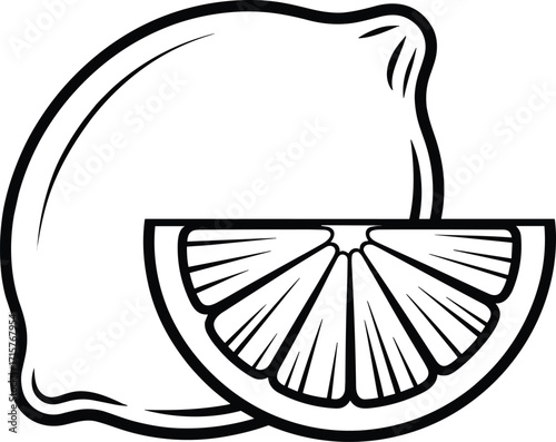 Lemon fruit with slice vector, black and white citrus illustration, hand-drawn style, perfect for kitchen decor, logos, food design