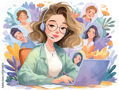 헤드셋을 쓴 여성, 팀 협업, 벡터 일러스트