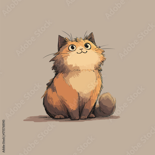A charming orange cat with fluffy fur sits on a beige background, looking curiously at the viewer with wide eyes and a happy expression. Its playful nature is evident.