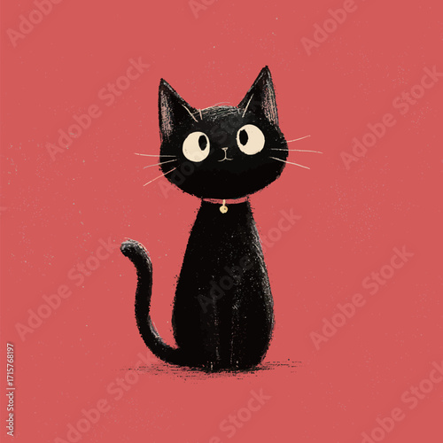 A playful black cat sits upright on a bright red background, featuring wide, curious eyes and a shiny collar. The cats charming expression captures attention.