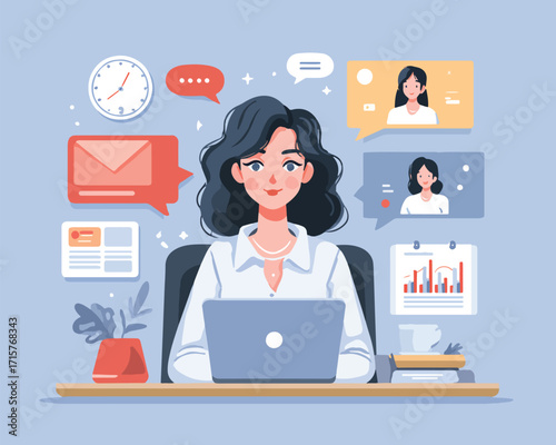 벡터 스타일 여성, 원격 근무, 다양한 작업, 효율성, 관리, 업무 환경