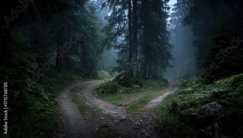 A misty, dark forest path forks, revealing two diverging dirt roads shrouded in fog, with tall evergreen trees lining the route, lush green vegetation flanking the split