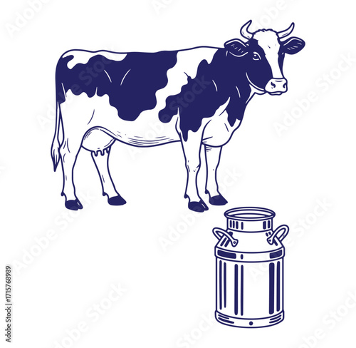 A detailed illustration of a cow standing near a milk can against a white background