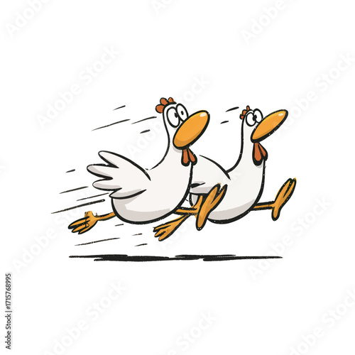Two cartoon chickens are seen sprinting side by side, their wings flapping and expressions full of energy. This playful scene captures their lively spirit.