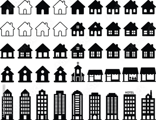 Collection of simple house, building, and architecture icons for various design projects and applications