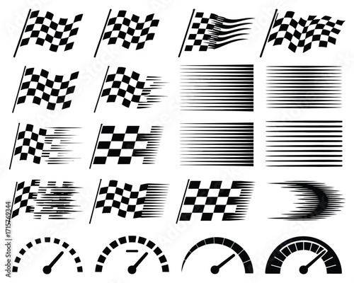 A monochrome vector illustration set of motorsport symbols, featuring various checkered flags, speed motion lines, and speedometer gauges