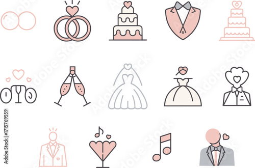 Minimalist wedding icon set in pastel colors, perfect for invitations, decorations, and romantic event planning vector illustration.