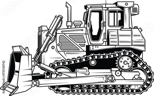 Monochrome line art illustration of a powerful heavy-duty bulldozer, a tracked earthmoving machine for construction, mining, and civil engineering projects.