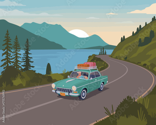Vintage car adventure on a scenic road trip by the lake with mountains in the background